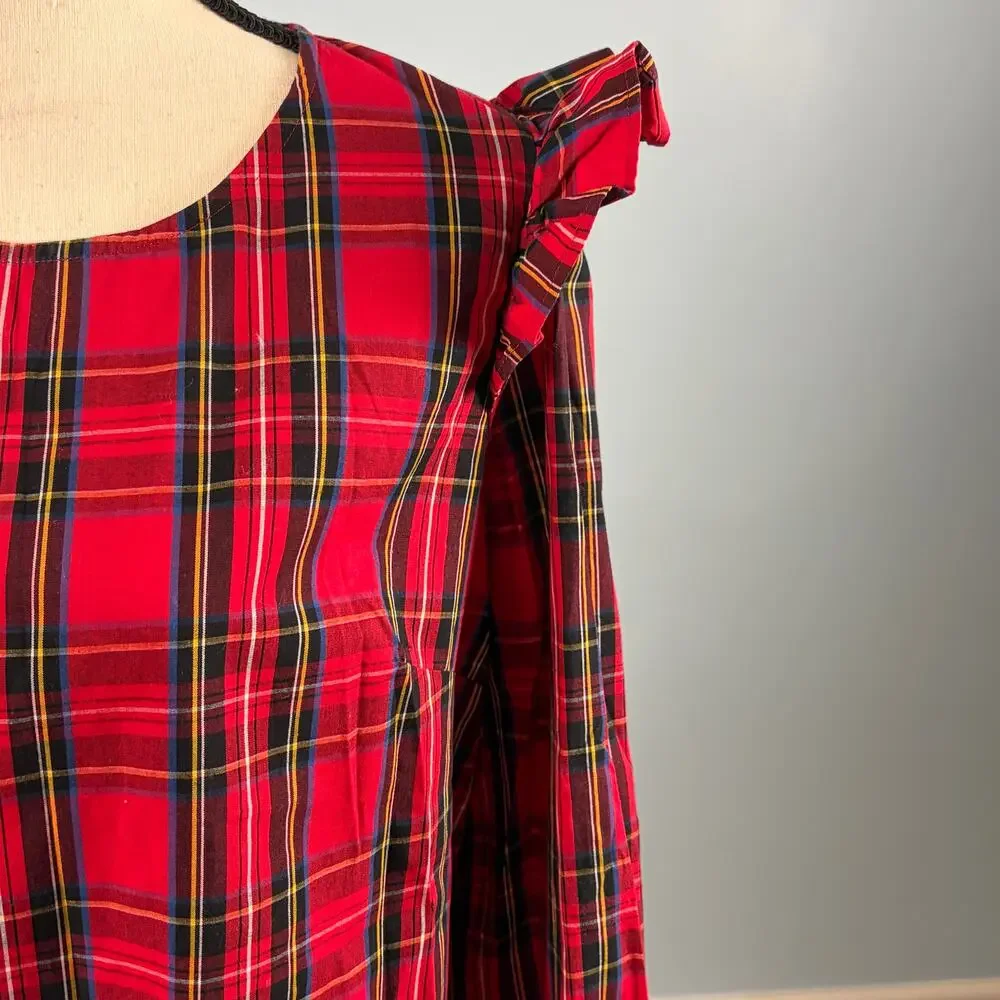 J.Crew Re-Imagined Tartan Plaid Ruffle Shoulder Cottagecore Blouse M